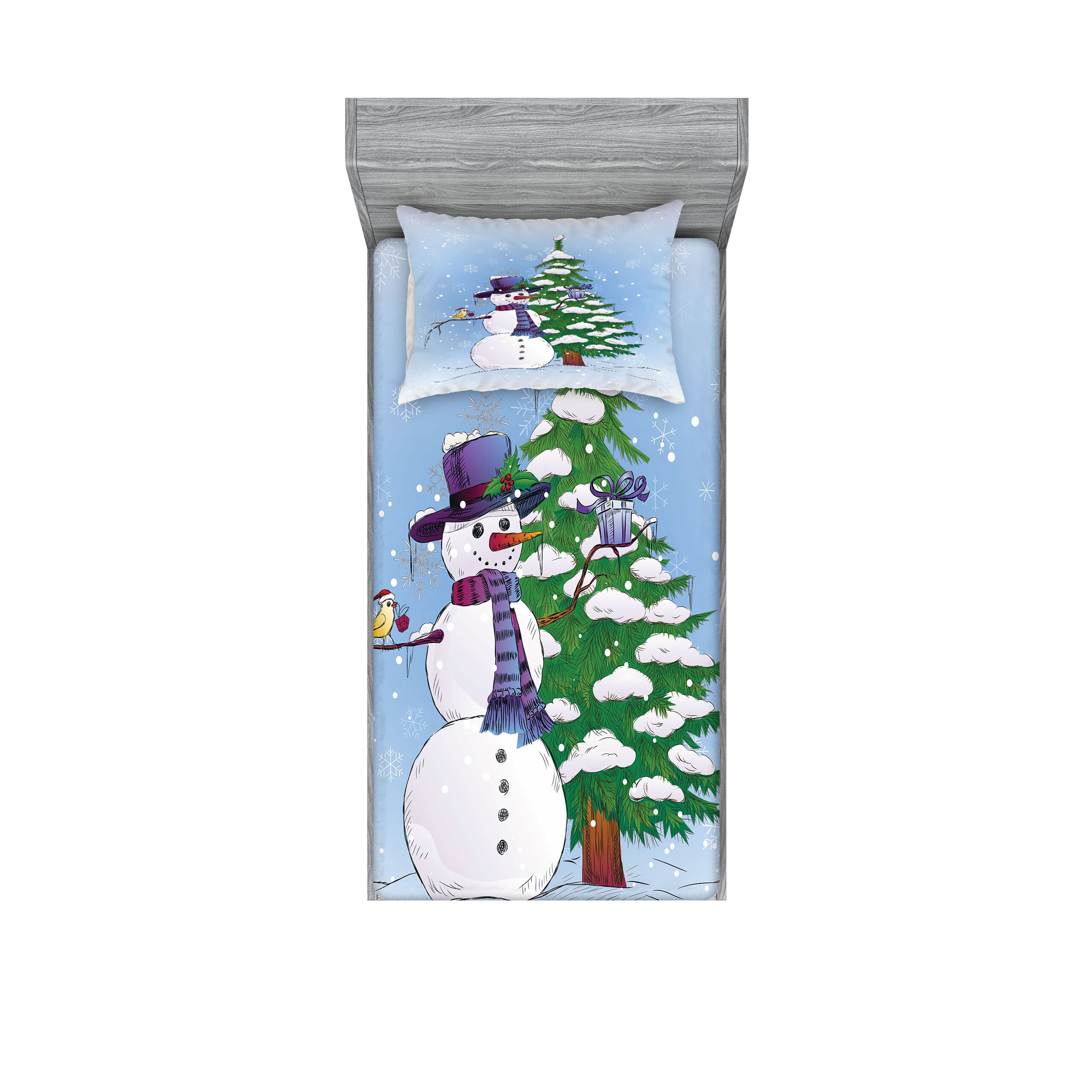 Ambesonne Christmas Fitted Sheet & Pillow Sham Set, Snowman and Tree ...