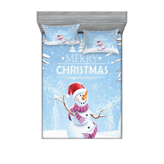 Ambesonne Christmas Fitted Sheet & Pillow Sham Set, Snowy Winter Noel, Full, White Blue