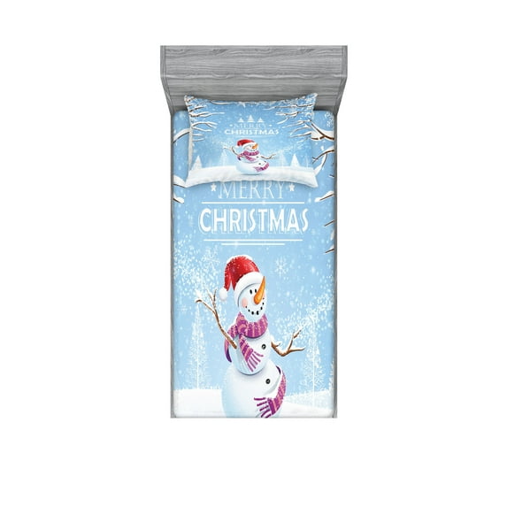 Ambesonne Christmas Fitted Sheet & Pillow Sham Set, Snowy Winter Noel, Twinxl, White Blue