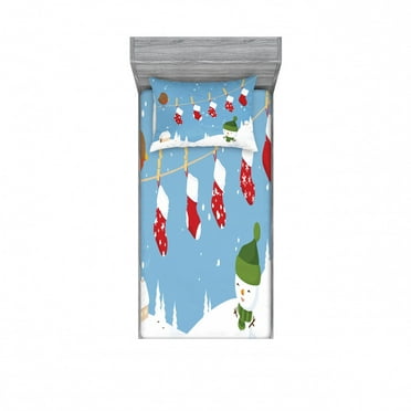 Ambesonne Christmas Fitted Sheet & Pillow Sham Set, Socks Hanging Bird, Twin, White Blue