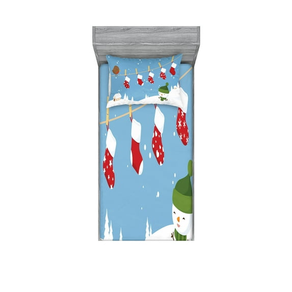Ambesonne Christmas Fitted Sheet & Pillow Sham Set, Socks Hanging Bird, Twinxl, White Blue