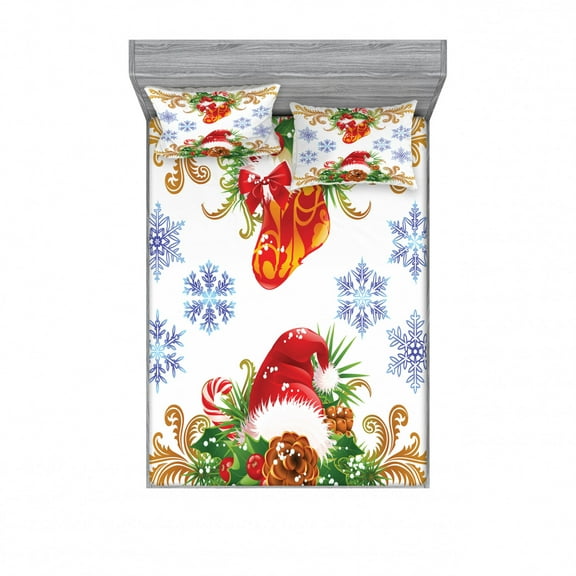 Ambesonne Christmas Fitted Sheet & Pillow Sham Set, Stocking Santa Hat, Queen, Multicolor