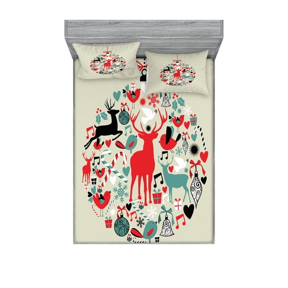 Ambesonne Christmas Fitted Sheet & Pillow Sham Set, Traditional Motif, Queen, Beige and Red