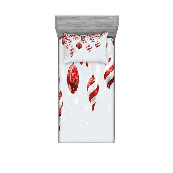 Ambesonne Christmas Fitted Sheet & Pillow Sham Set, Traditional, Twin, Red White