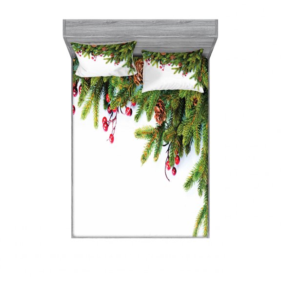Ambesonne Christmas Fitted Sheet & Pillow Sham Set, Tree Branches Cones, Full, Green Brown