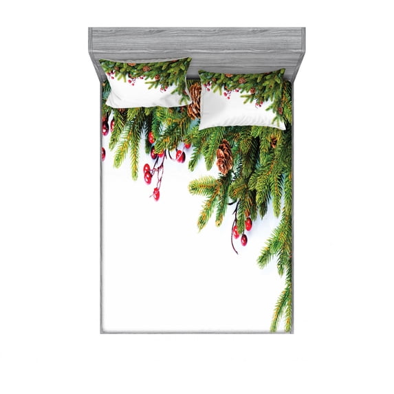 Ambesonne Christmas Fitted Sheet & Pillow Sham Set, Tree Branches Cones, Queen, Green Brown