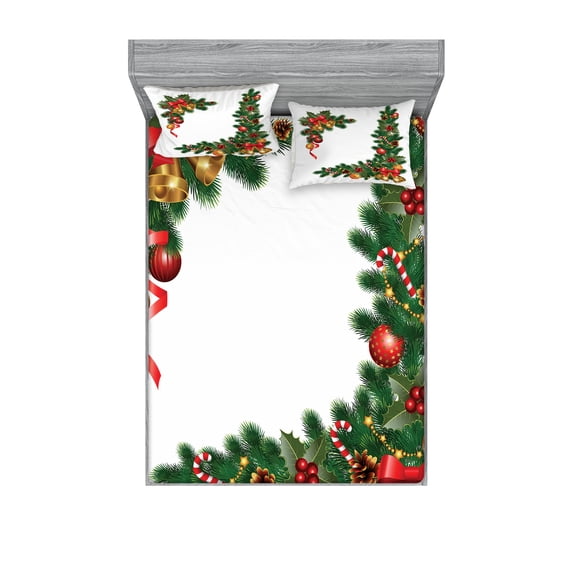 Ambesonne Christmas Fitted Sheet & Pillow Sham Set, Trees with Ornaments, Queen, Multicolor