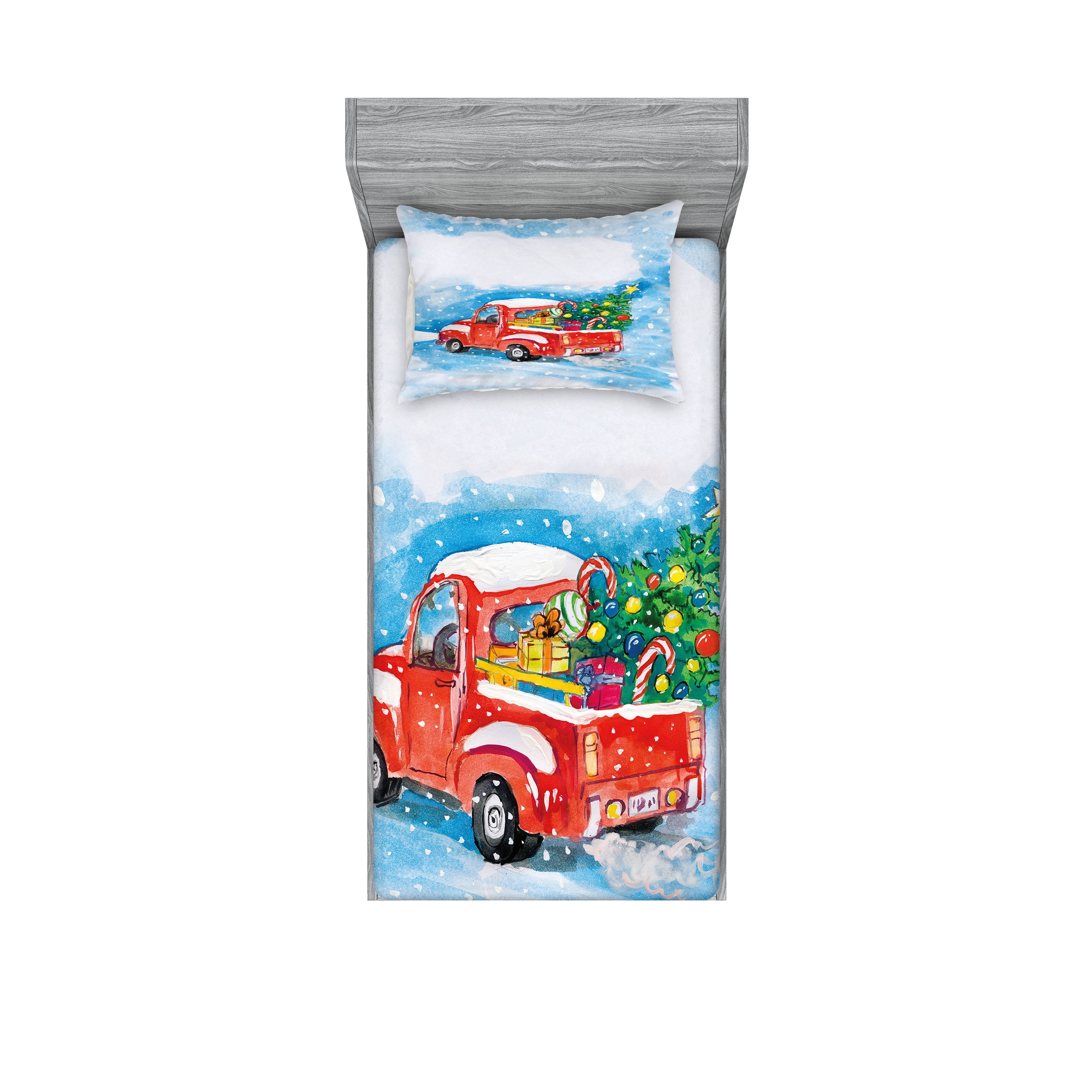 Twin Blue Microfiber Christmas Truck Print Sheet Set