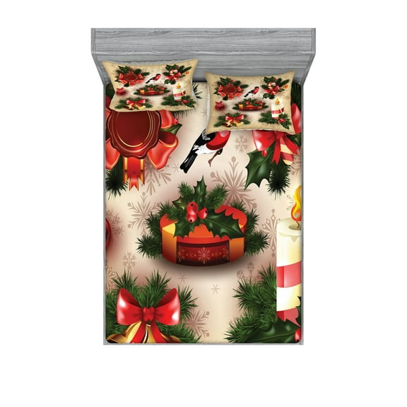 Ambesonne Christmas Fitted Sheet & Pillow Sham Set, Vintage Ornaments, Full, Multicolor
