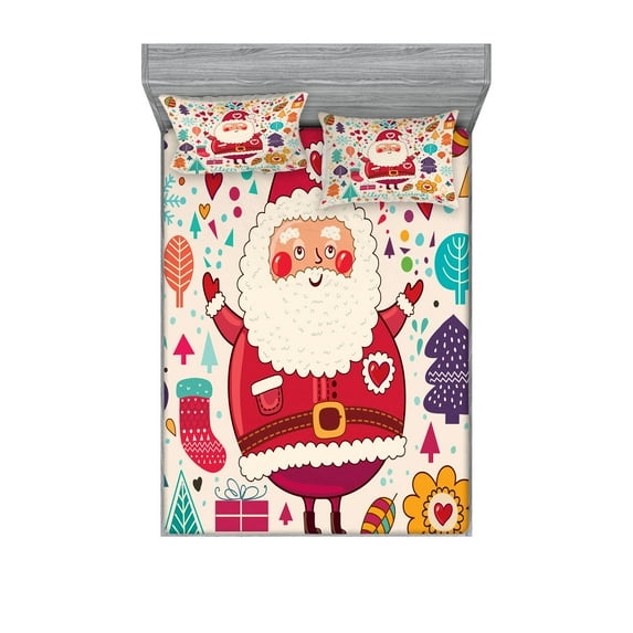 Ambesonne Christmas Fitted Sheet & Pillow Sham Set, Vintage Santa, King, Multicolor