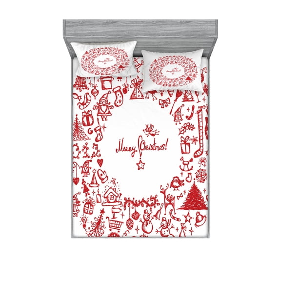 Ambesonne Christmas Fitted Sheet & Pillow Sham Set, Vintage Style Ribbon, Full, Red