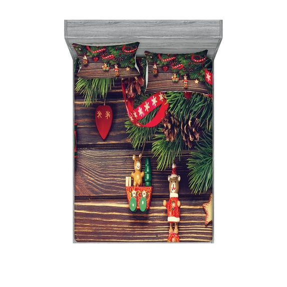 Ambesonne Christmas Fitted Sheet & Pillow Sham Set, Vintage Wood, Queen, Green and Brown