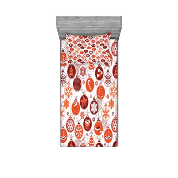 Ambesonne Christmas Fitted Sheet & Pillow Sham Set, Vintage Xmas Scene, Twin, White and Vermilion