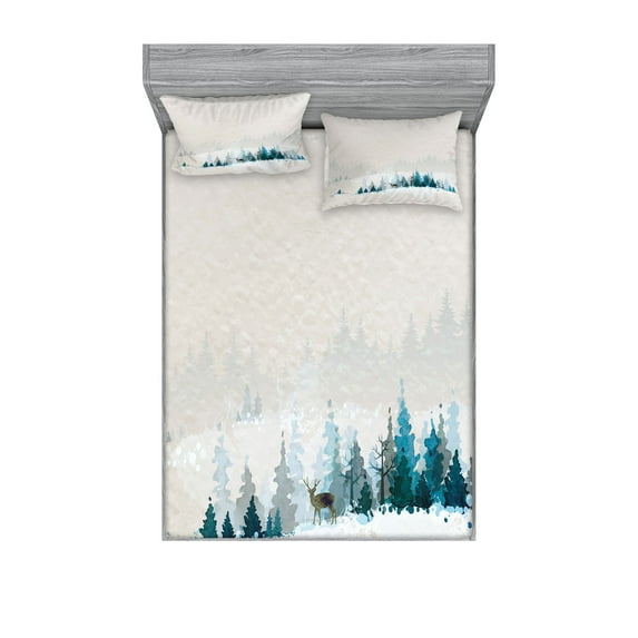 Ambesonne Christmas Fitted Sheet & Pillow Sham Set, Watercolor Art Pine Trees, Full, White Blue