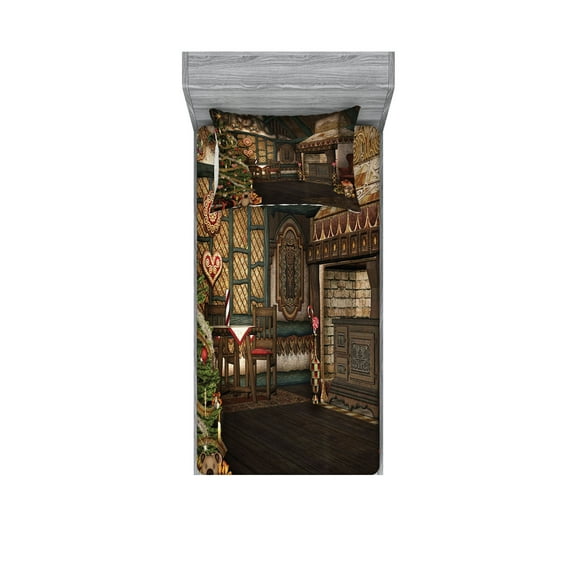 Ambesonne Christmas Fitted Sheet & Pillow Sham Set, Winter Celebration, Twin, Taupe Brown