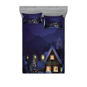 Ambesonne Christmas Fitted Sheet & Pillow Sham Set, Winter Home and Tree, Full, Purple Blue