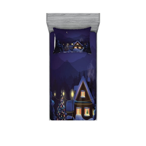 Ambesonne Christmas Fitted Sheet & Pillow Sham Set, Winter Home and Tree, Twin, Purple Blue