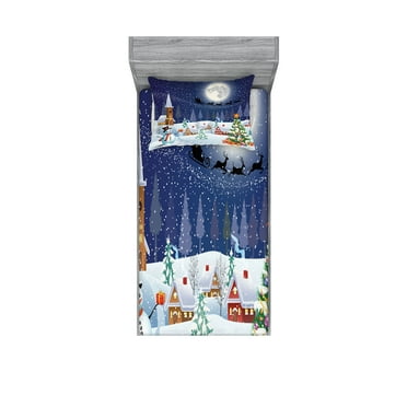 Ambesonne Christmas Fitted Sheet & Pillow Sham Set, Winter Landscape, Twin, White Blue