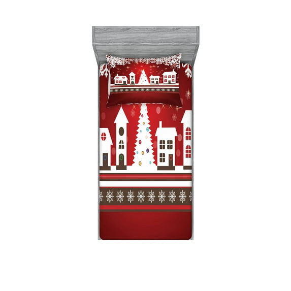 Ambesonne Christmas Fitted Sheet & Pillow Sham Set, Winter Theme Tree, Twin, White Red
