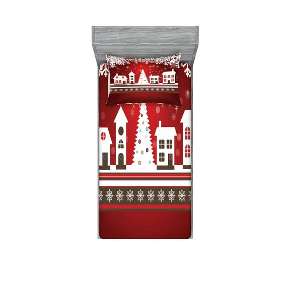 Ambesonne Christmas Fitted Sheet & Pillow Sham Set, Winter Theme Tree, Twinxl, White Red