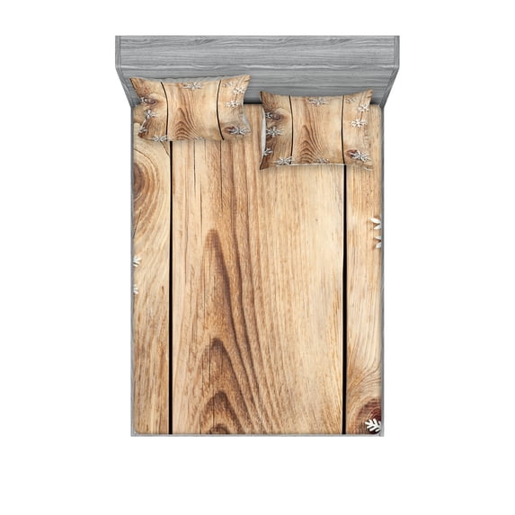 Ambesonne Christmas Fitted Sheet & Pillow Sham Set, Wood Plank Snowflakes, King, Brown Pale Brown White