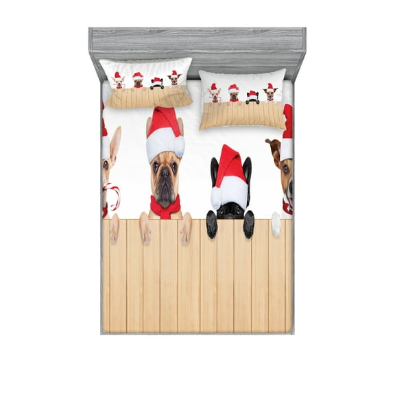 Ambesonne Christmas Fitted Sheet & Pillow Sham Set, Wooden Fences Humor, Queen, Tan Red