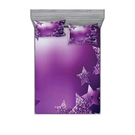 Ambesonne Christmas Fitted Sheet & Pillow Sham Set, Xmas Stars Backdrop, Full, Purple