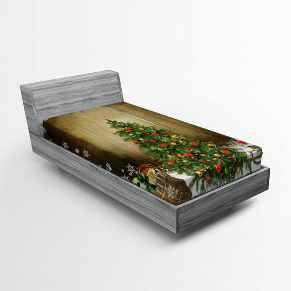Ambesonne Christmas Fitted Sheet, Pine Tree Presents, Twin Size, Multicolor