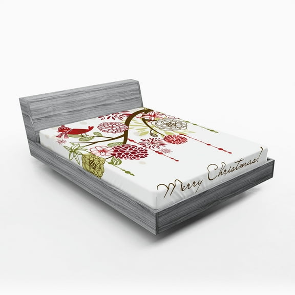 Ambesonne Christmas Fitted Sheet, Red Bird Floral Tree, King Size, Green White