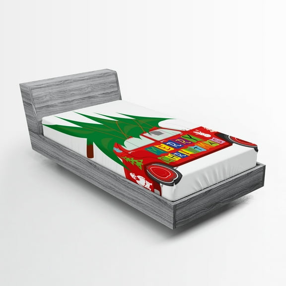 Ambesonne Christmas Fitted Sheet, Red Vintage Car Elf, Twin Size, Vermilion Green White