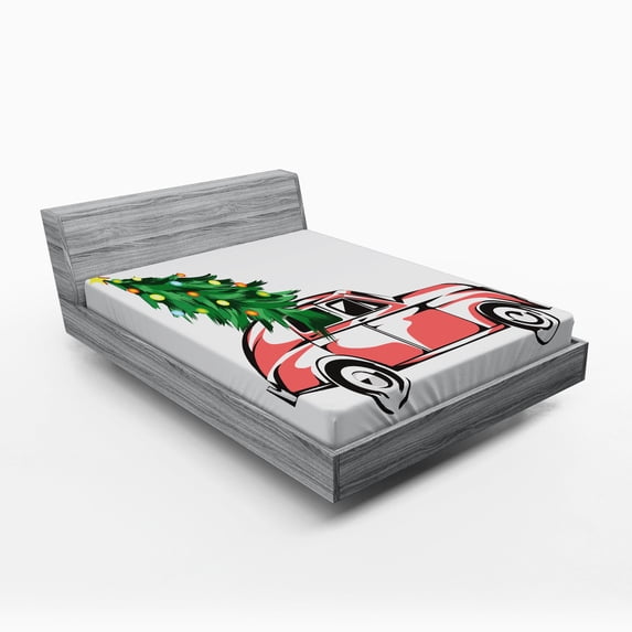 Ambesonne Christmas Fitted Sheet, Retro Car Xmas Tree, Full Size, White Red