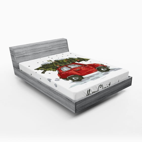 Ambesonne Christmas Fitted Sheet, Retro Car with Tree, Queen Size, Green Vermilion