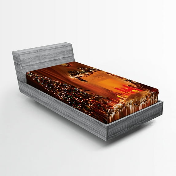 Ambesonne Christmas Fitted Sheet, Romantic New Year, Twin Size, Orange