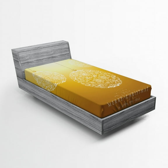 Ambesonne Christmas Fitted Sheet, Round Bauble in Air, Twin Size, Mustard