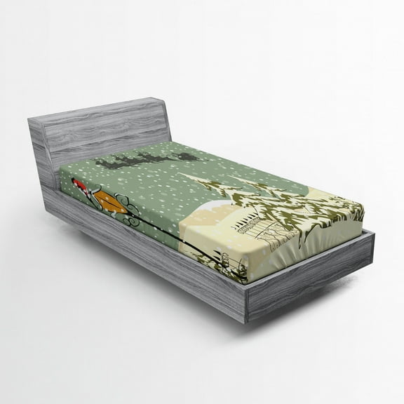 Ambesonne Christmas Fitted Sheet, Santa Claus Reindeer, Twin XL Size, Beige Green White