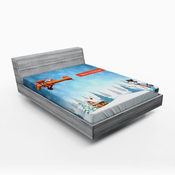 Ambesonne Christmas Fitted Sheet, Santa Plane Snowman, Full Size, Blue Orange