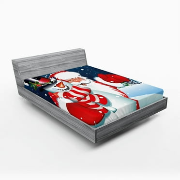 Ambesonne Christmas Fitted Sheet, Santa Snowman Hug, California King, Blue Red White