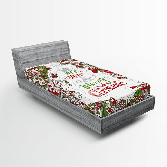 Ambesonne Christmas Fitted Sheet, Santa Snowman Wishes, Twin Size, Multicolor