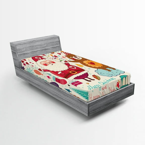 Ambesonne Christmas Fitted Sheet, Santa and Teddy Bear, Twin XL Size, Multicolor