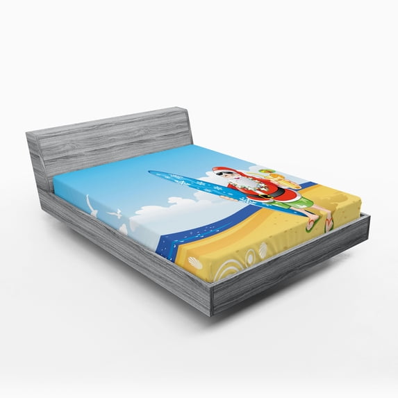 Ambesonne Christmas Fitted Sheet, Santa on Beach Surf, Full Size, Blue Yellow