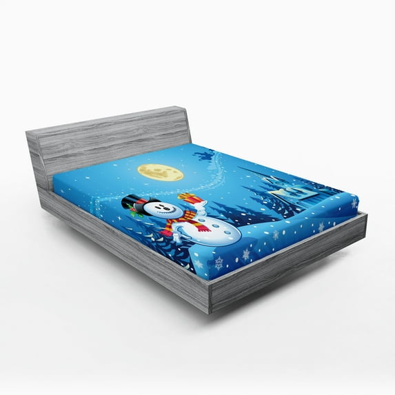 Ambesonne Christmas Fitted Sheet, Snowman Sanra Gift, Full Size, Blue Yellow