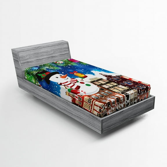Ambesonne Christmas Fitted Sheet, Snowy City Street, Twin Size, Multicolor