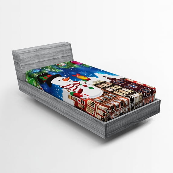 Ambesonne Christmas Fitted Sheet, Snowy City Street, Twin XL Size, Multicolor
