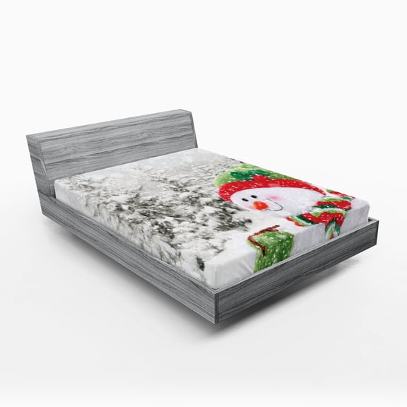 Ambesonne Christmas Fitted Sheet, Snowy Woodland Holiday, Queen Size, White and Red