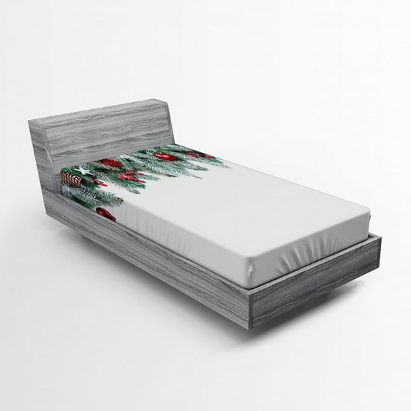 Ambesonne Christmas Fitted Sheet, Stars Berries Xmas, Twin Size, Green Red