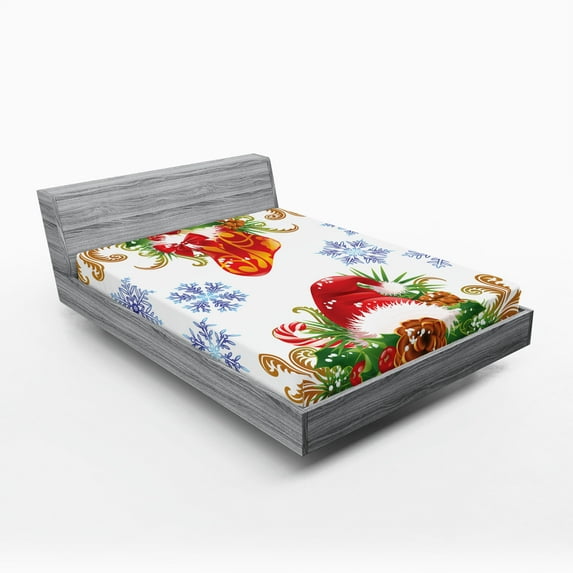 Ambesonne Christmas Fitted Sheet, Stocking Santa Hat, Full Size, Multicolor