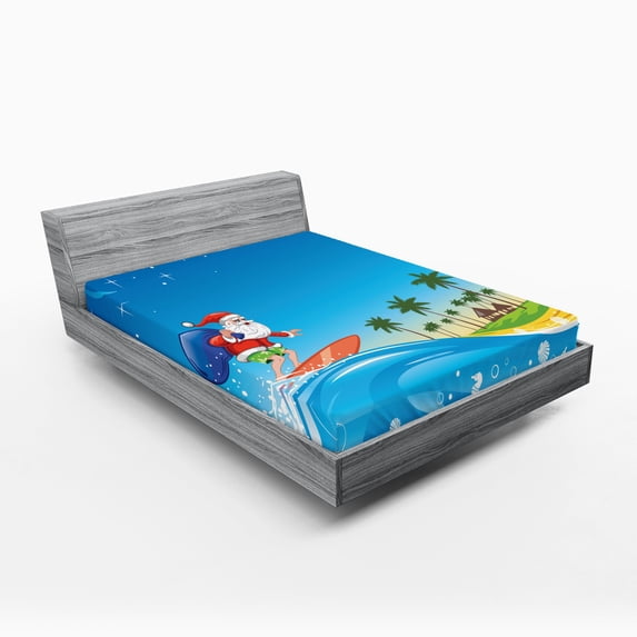 Ambesonne Christmas Fitted Sheet, Surfing Santa Beach, Queen Size, Multicolor
