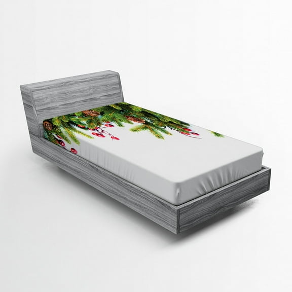 Ambesonne Christmas Fitted Sheet, Tree Branches Cones, Twin Size, Green Brown