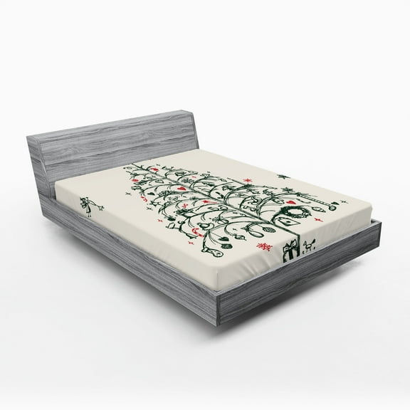 Ambesonne Christmas Fitted Sheet, Tree and Fairies, California King, Red and Green