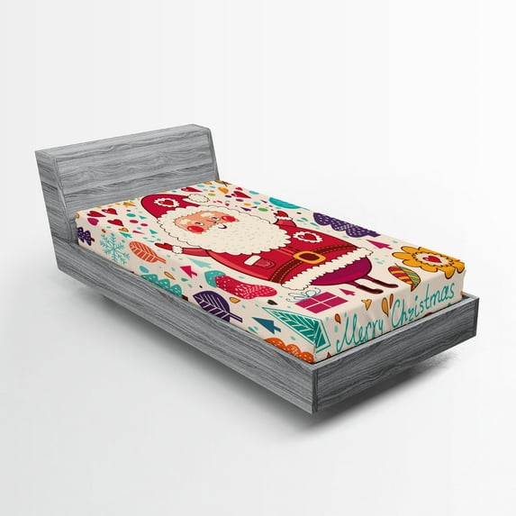 Ambesonne Christmas Fitted Sheet, Vintage Santa, Twin Size, Multicolor